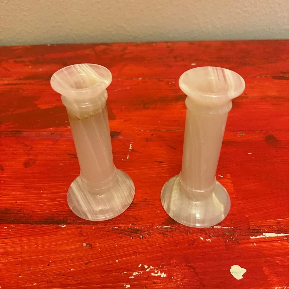 Vintage Onyx Marble Candlestick Holders Set of 2 Natural Stone Column Off White